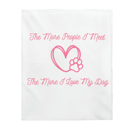 Soft dog blanket for couch with pink text
