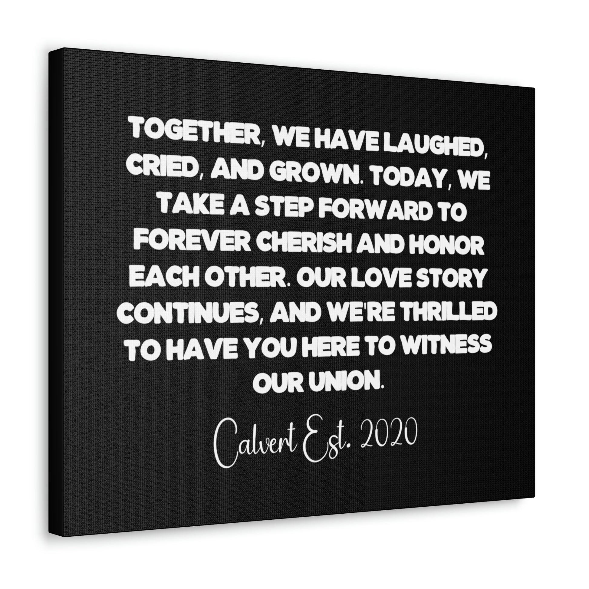 Wedding vows canvas art with romantic quote and date
