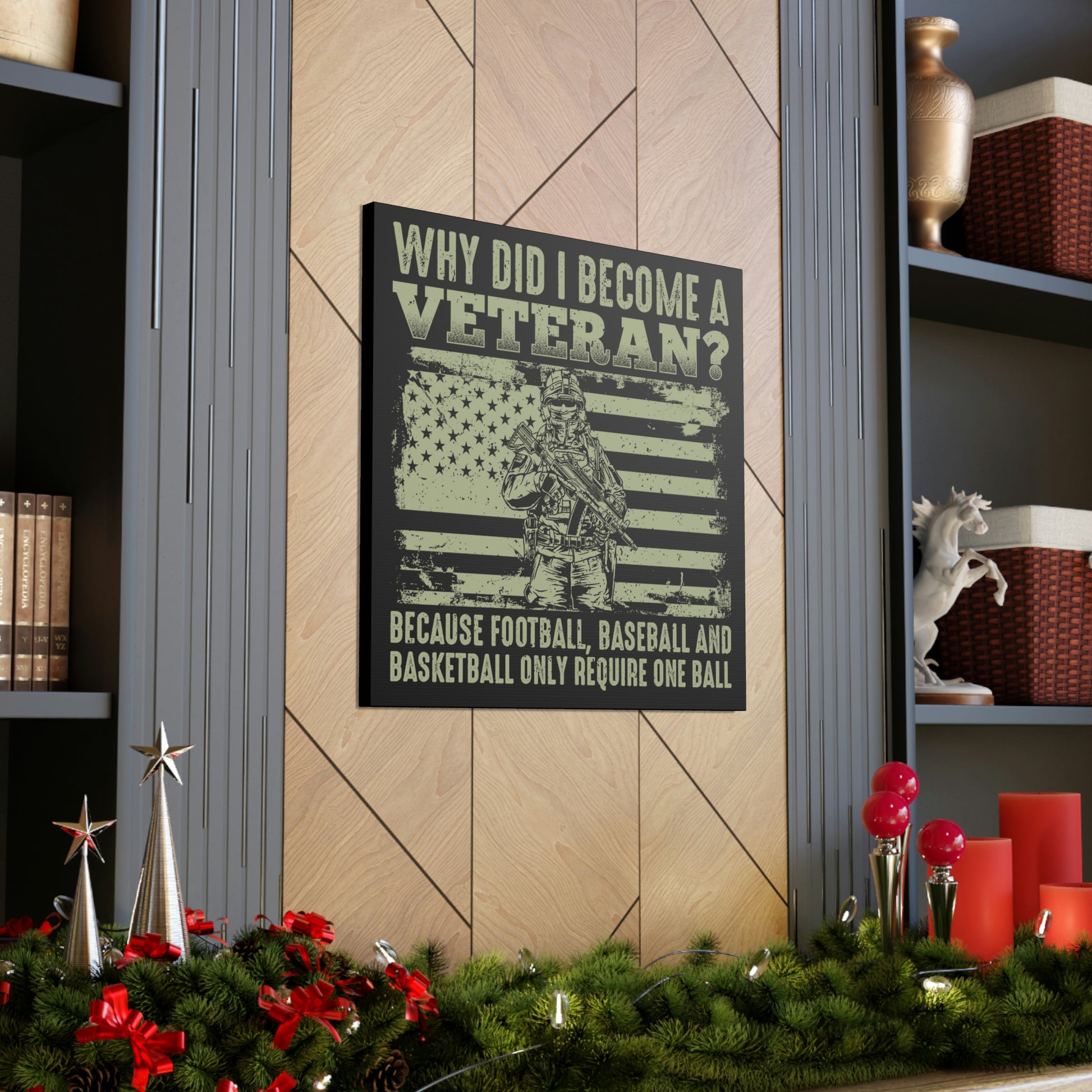 Humorous military wall art for veterans featuring American flag graphic
