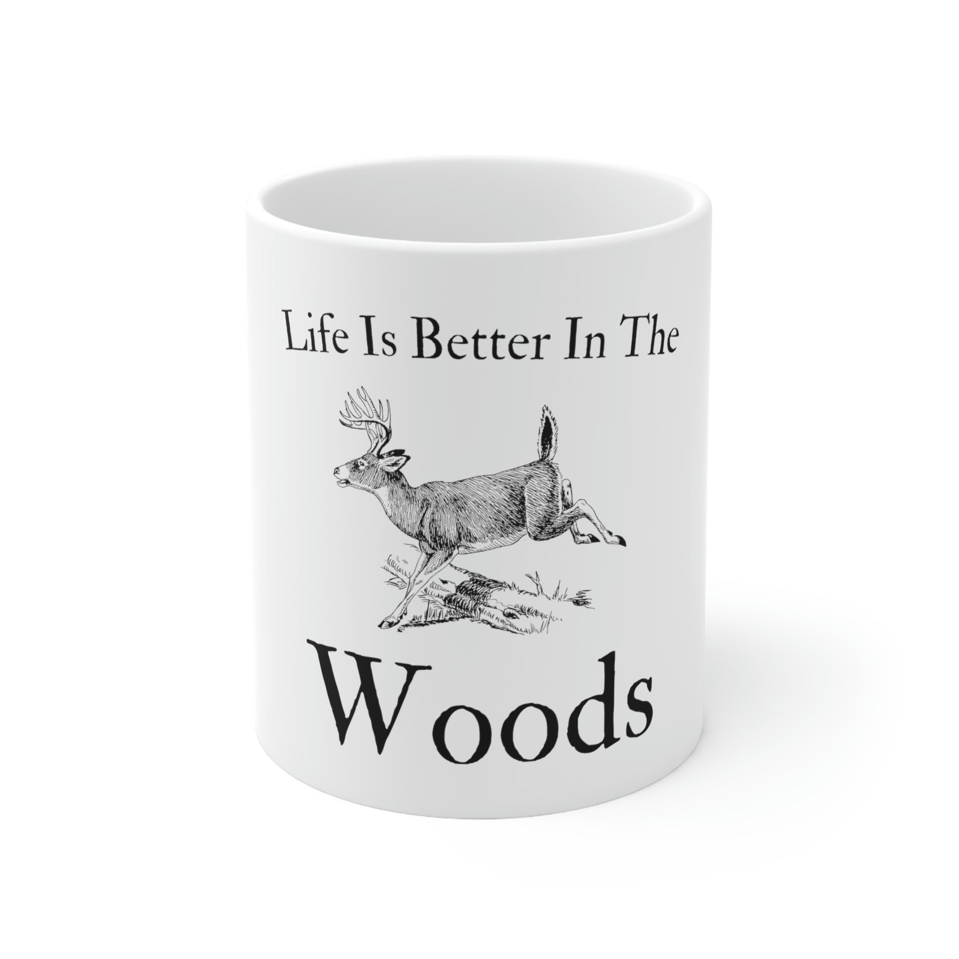 Ceramic mug with running deer and large antlers
