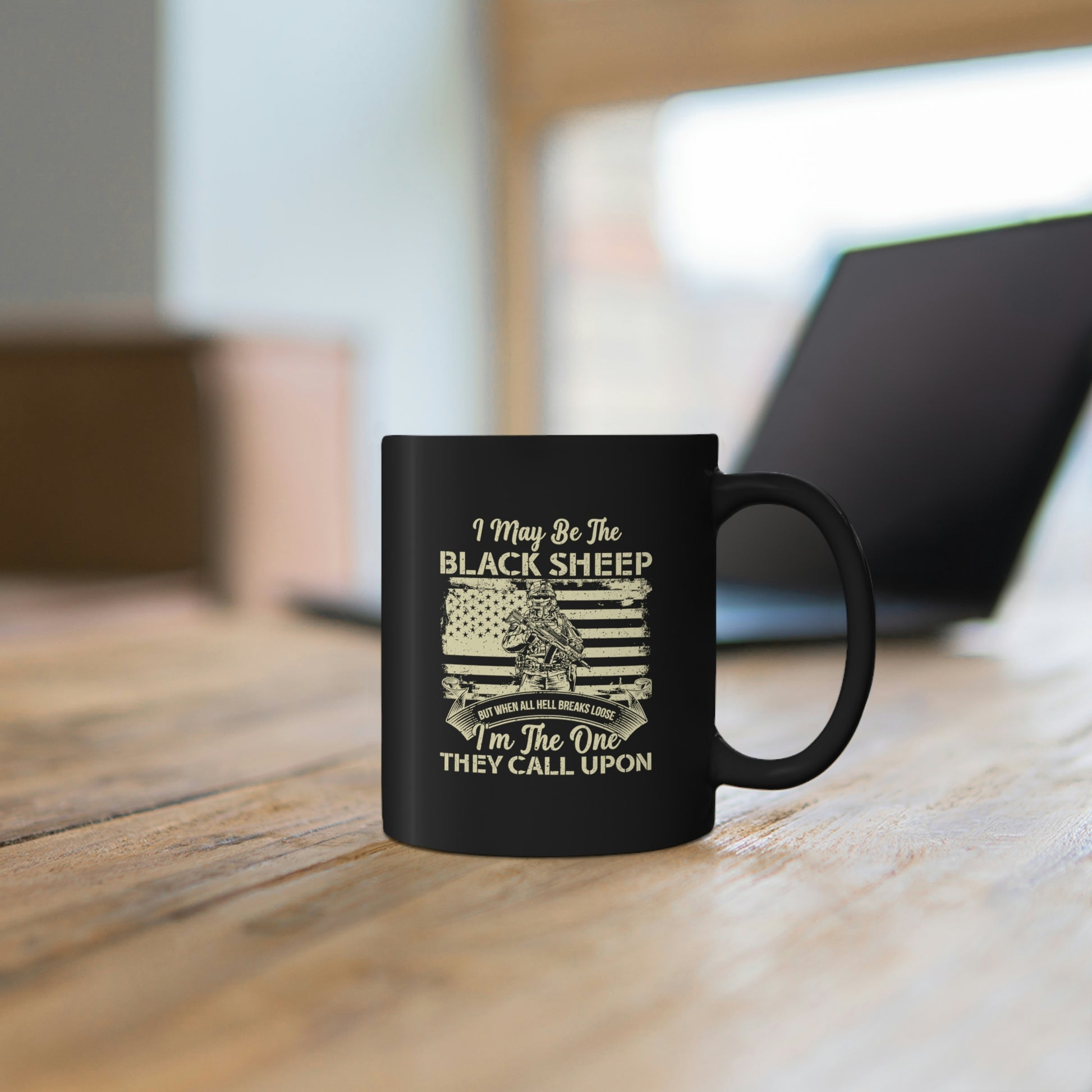 Patriotic black coffee mug with soldier graphic
