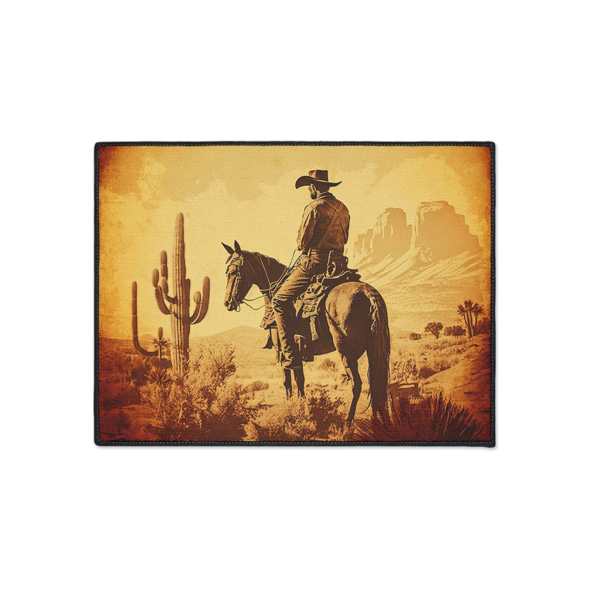 Western decor cowboy riding into sunset door mat