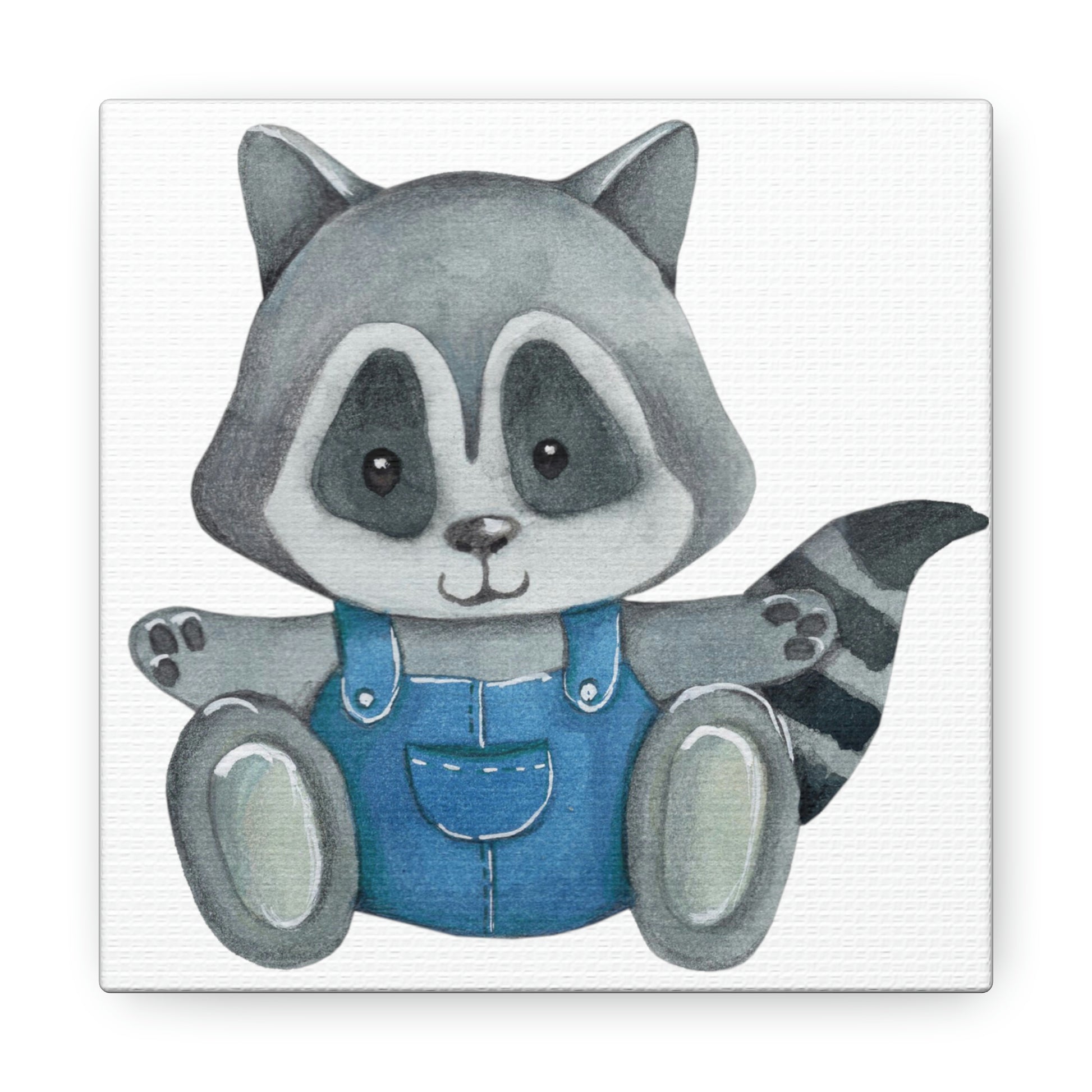 Woodland animal wall art with baby raccoon in blue overalls
