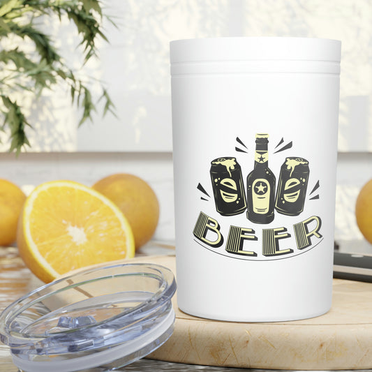 Insulated beer tumbler with beer can graphics
