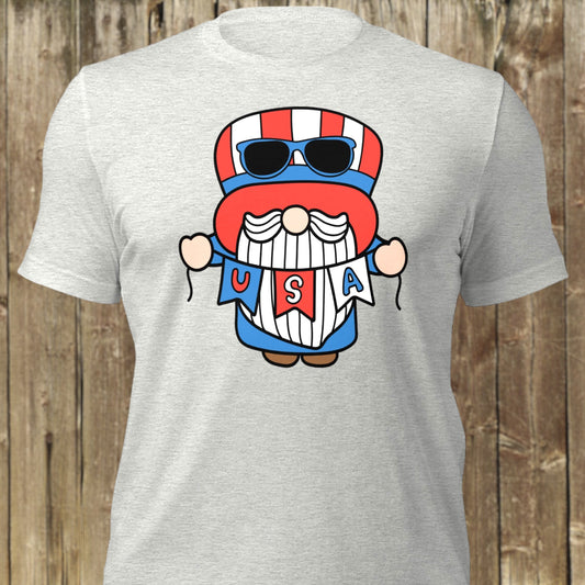 USA gnome t-shirt with red, white, and blue colors
