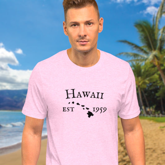 Hawaiian print t-shirt with island outline and Hawaii text
