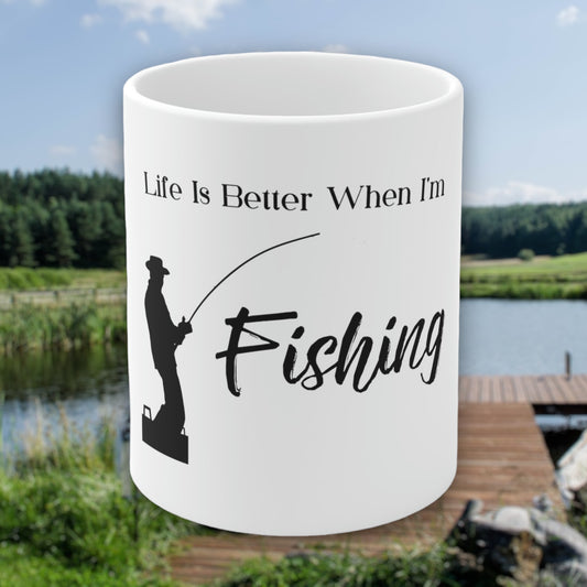 Fishing coffee mug with black fisherman graphic and text
