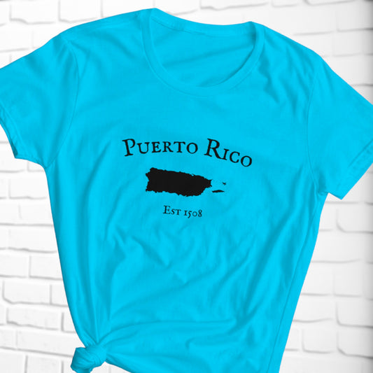 Puerto Rican shirts for women with island outline and Est. 1508

