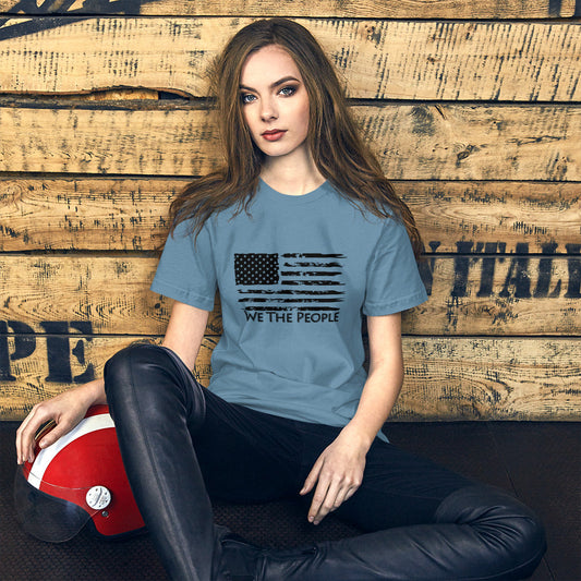 American flag t shirt with rustic black flag and We The People text
