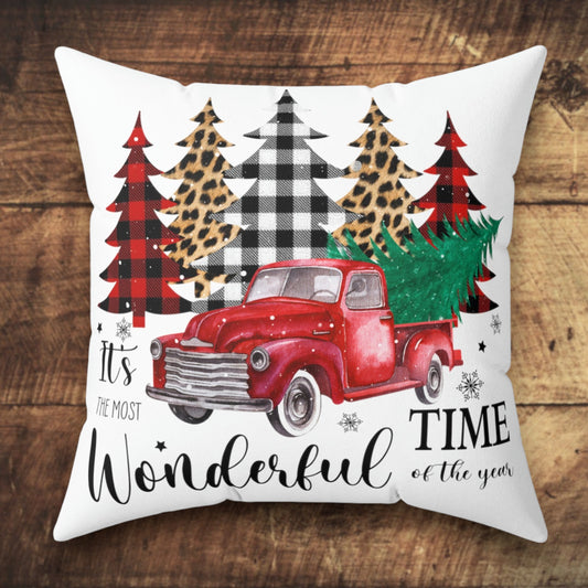 Farmhouse Christmas Throw Pillow – Vintage Truck with Tree


