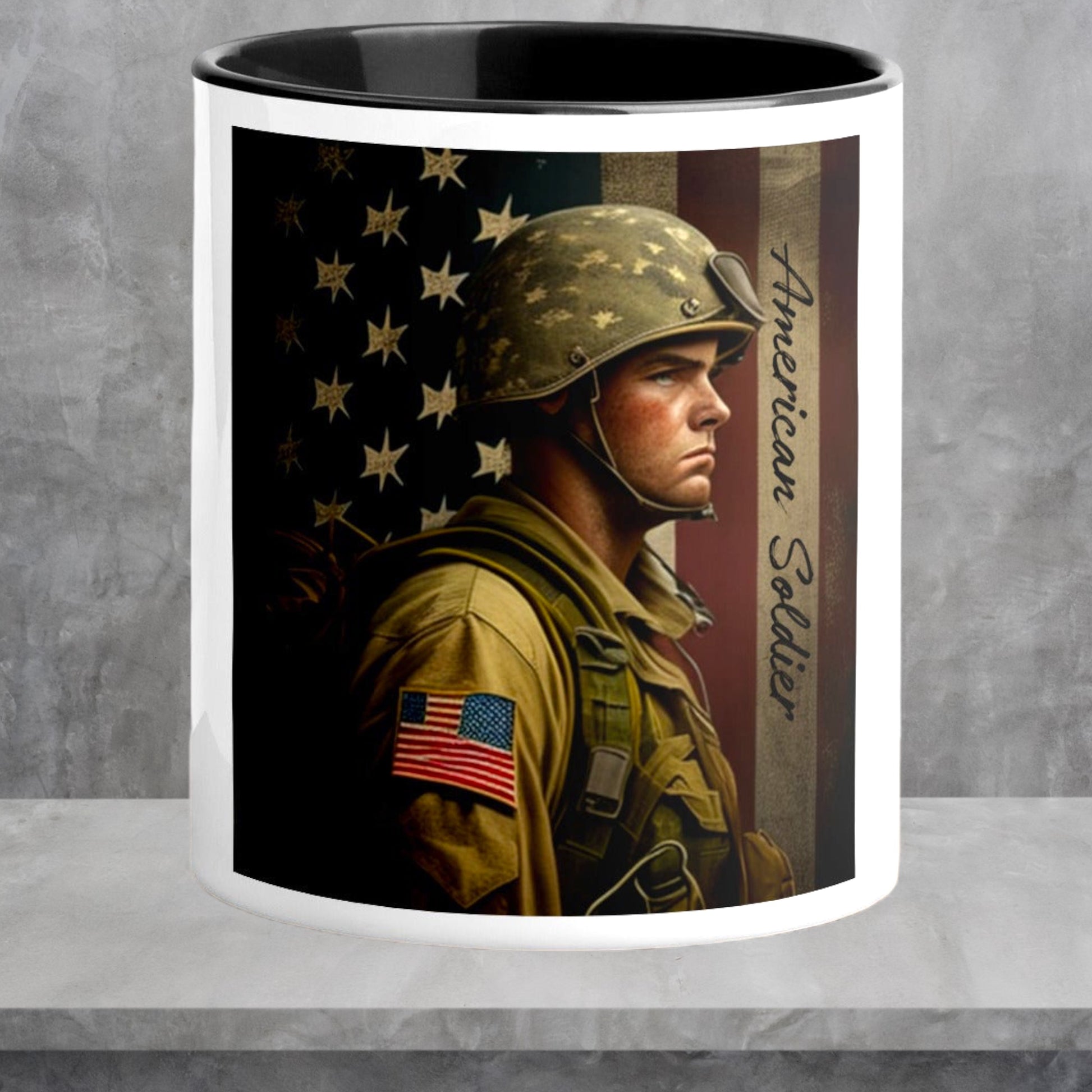 Military coffee cup with American soldier and flag design
