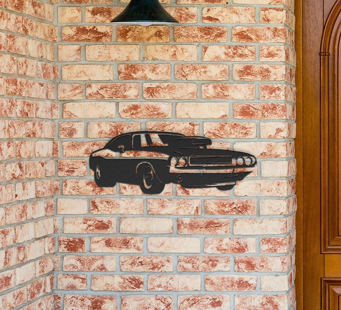 Classic car metal sign featuring a hot rod cut-out design.
