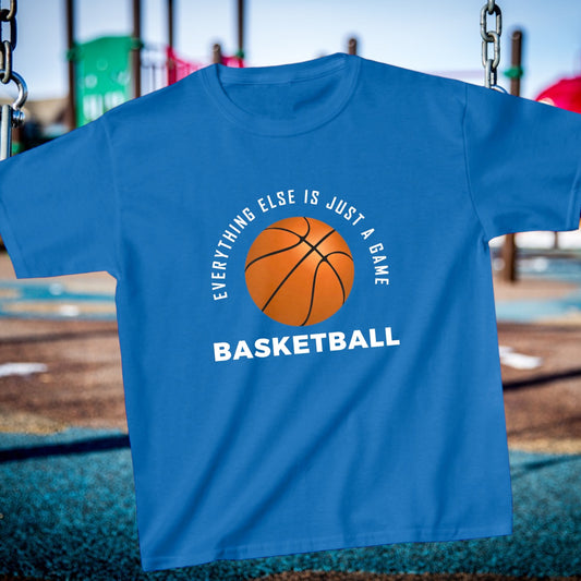 Kids basketball shirt with bold text and basketball illustration.
