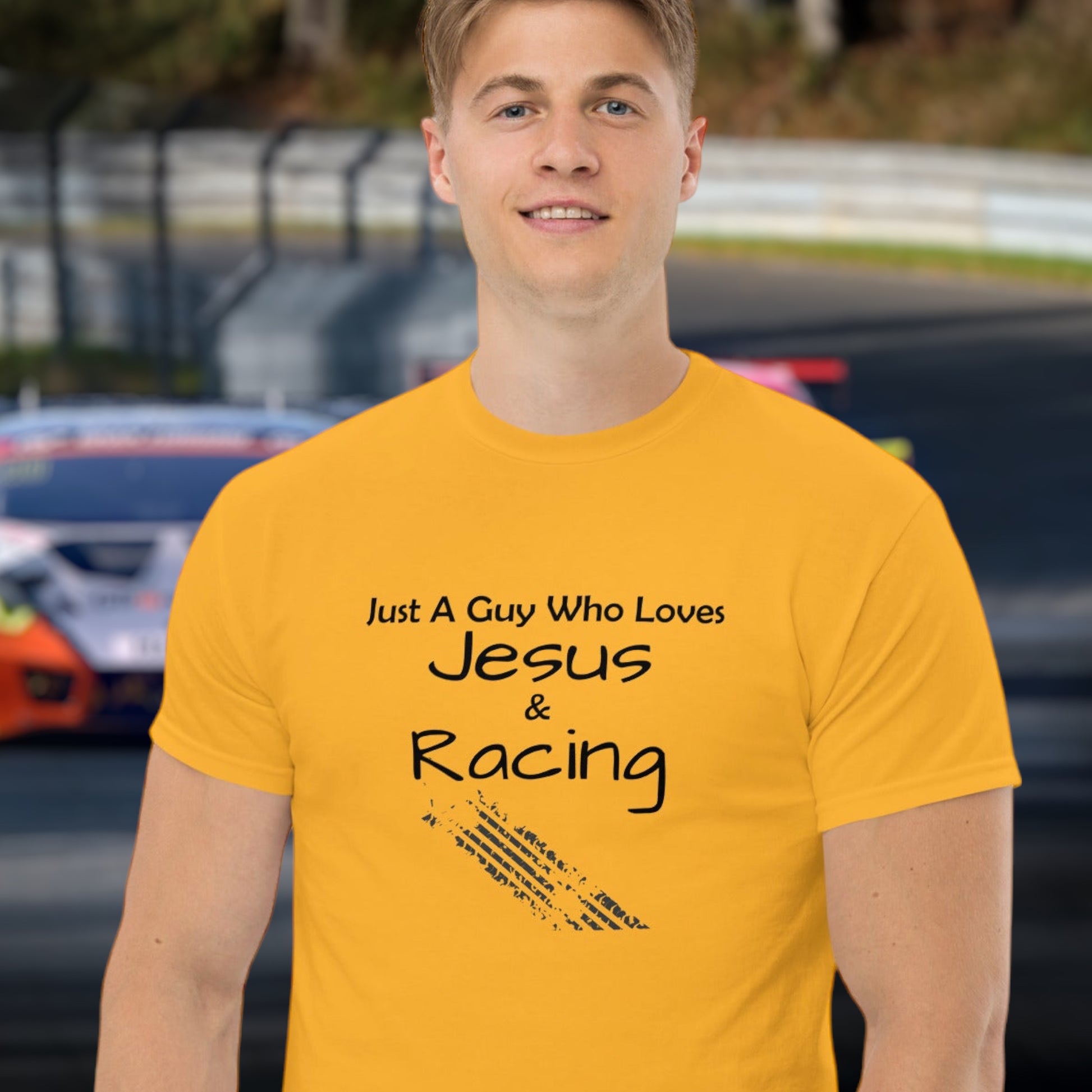 "Just A Guy Who Loves Jesus & Racing" T-Shirt - Weave Got Gifts - Unique Gifts You Won’t Find Anywhere Else!