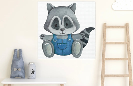 Adorable raccoon in blue overalls canvas wall art