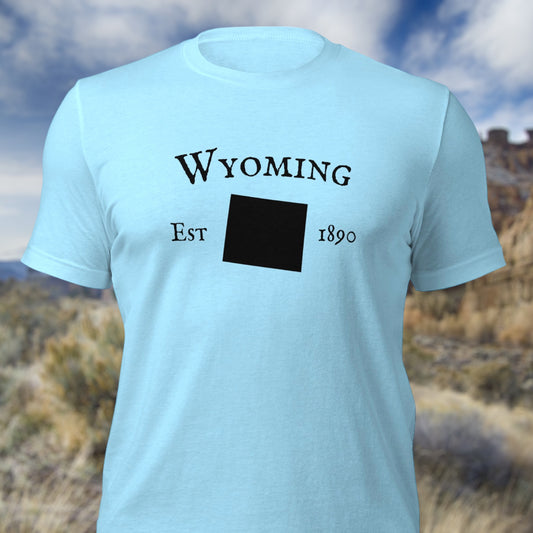 Wyoming shirt with state outline and established date
