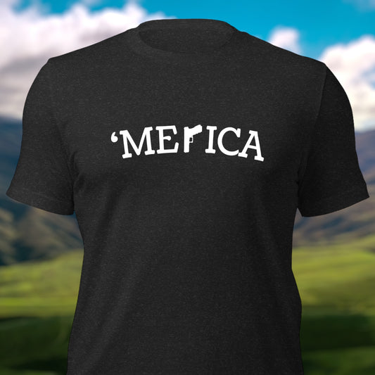 Merica t-shirt with pistol-shaped "R" in graphic text
