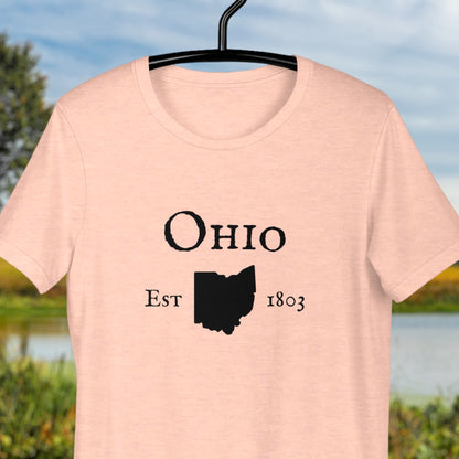 Ohio t-shirt with state outline and EST. 1803
