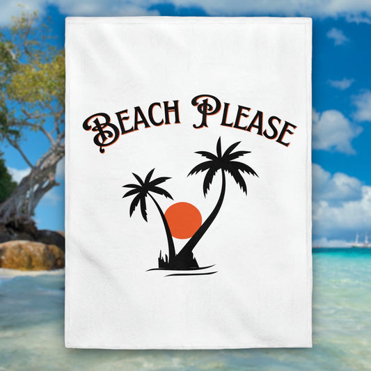 Beach Throw Blanket – "Beach Please" with Palm Trees & Sunset


