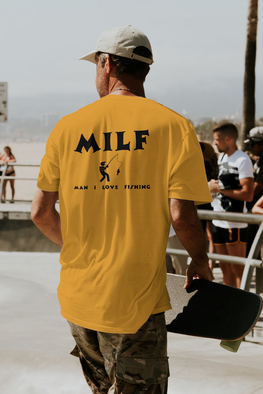 Man I Love Fishing t-shirt with bold MILF text.
