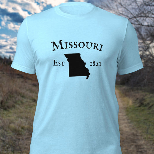 Missouri shirt with state outline and established date graphic
