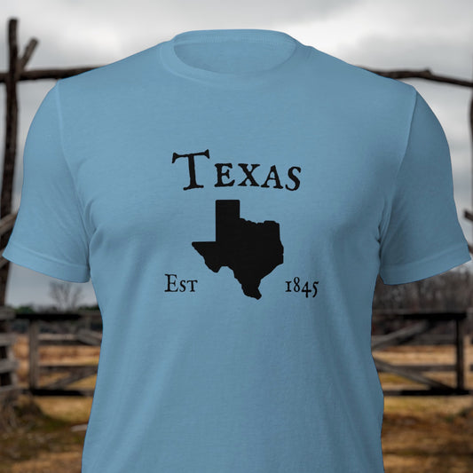 Texas t-shirt with state outline and established date
