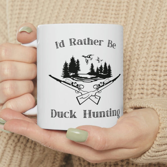Duck hunting coffee mug with two rifles and flying ducks
