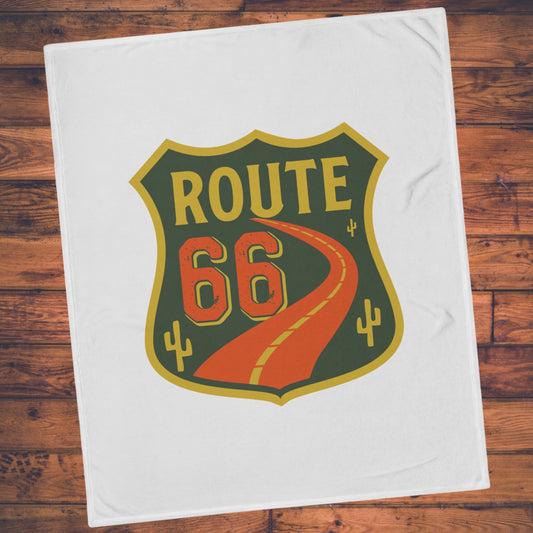 Route 66 blanket with vintage-style graphic on white background
