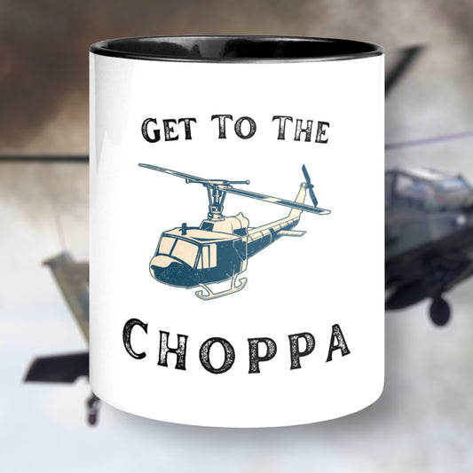 Get to da choppa mug with bold helicopter graphic
