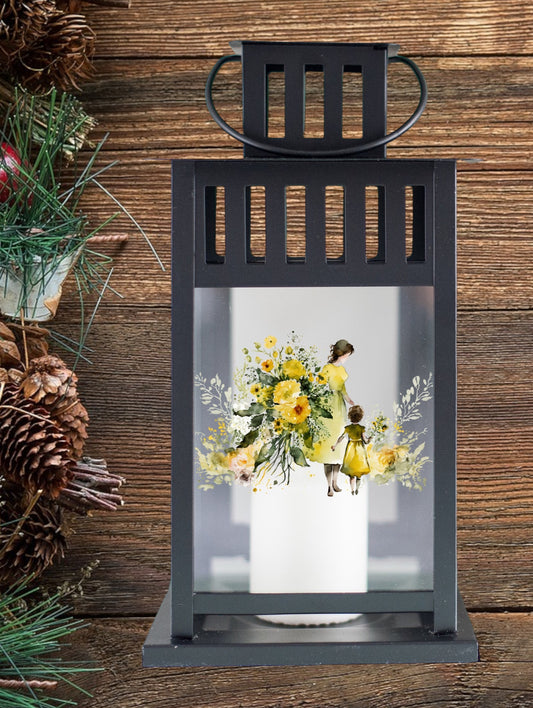 Watercolor mom and child lantern with yellow flowers

