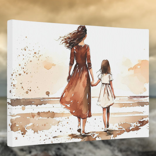 Mother daughter art canvas with a watercolor beach sunset scene.
