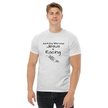 "Just A Guy Who Loves Jesus & Racing" T-Shirt - Weave Got Gifts - Unique Gifts You Won’t Find Anywhere Else!