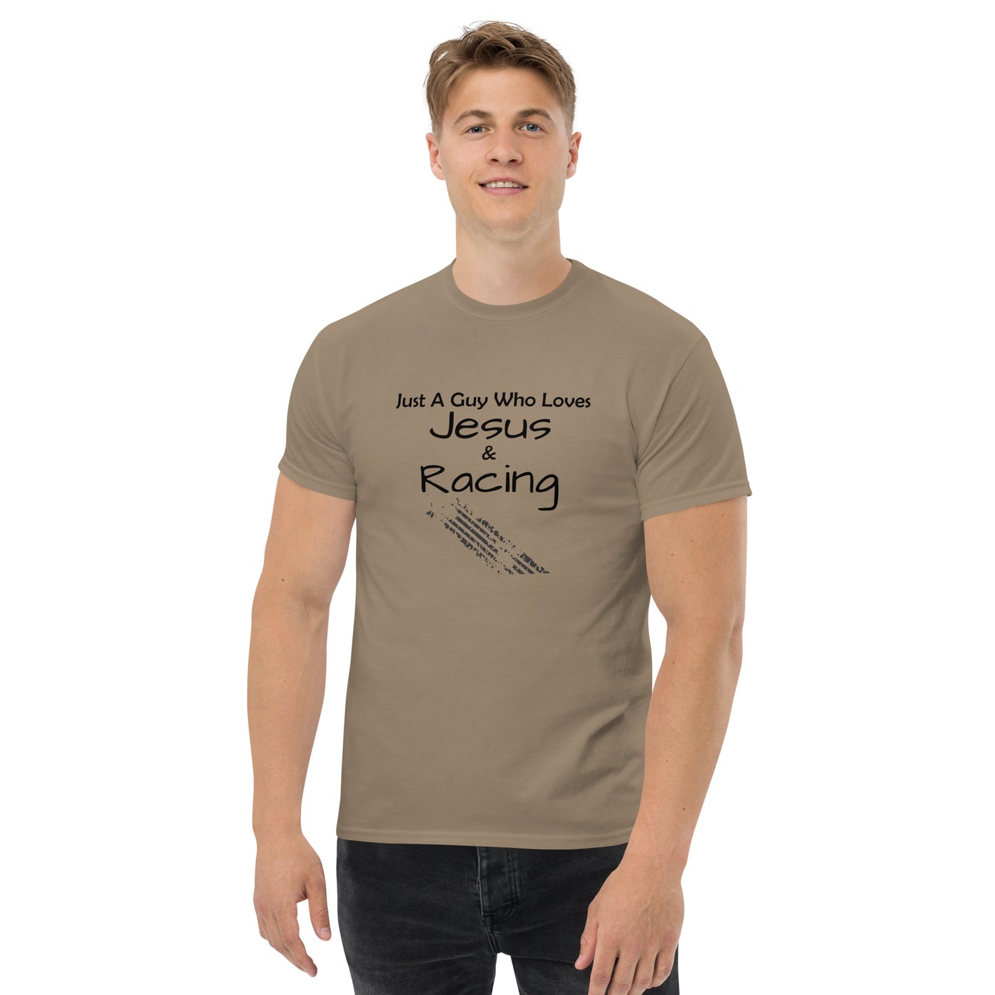"Just A Guy Who Loves Jesus & Racing" T-Shirt - Weave Got Gifts - Unique Gifts You Won’t Find Anywhere Else!