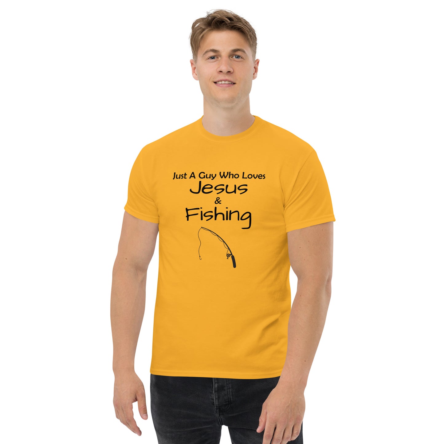 "Just A Guy Who Loves Jesus & Fishing" T-Shirt - Weave Got Gifts - Unique Gifts You Won’t Find Anywhere Else!