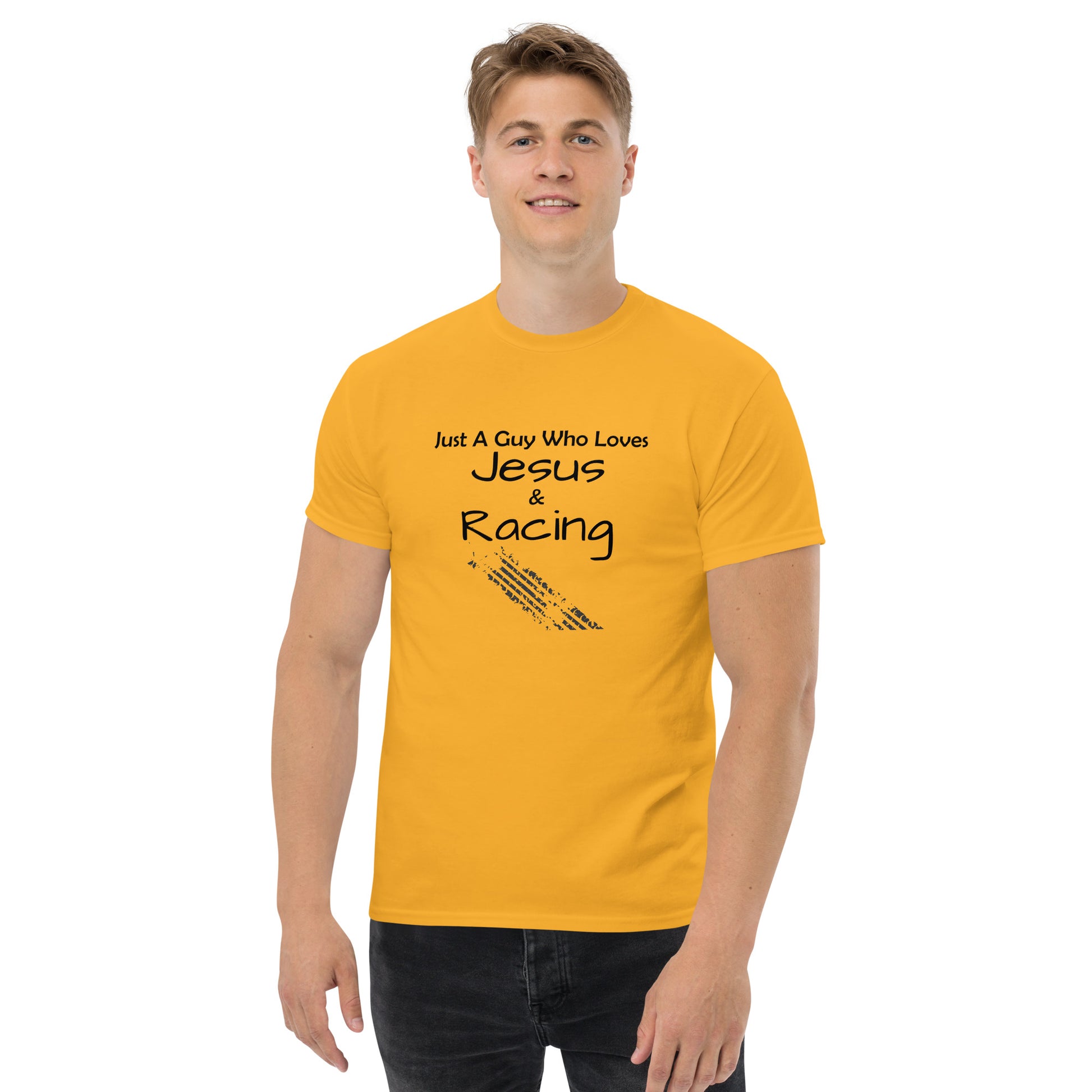 "Just A Guy Who Loves Jesus & Racing" T-Shirt - Weave Got Gifts - Unique Gifts You Won’t Find Anywhere Else!