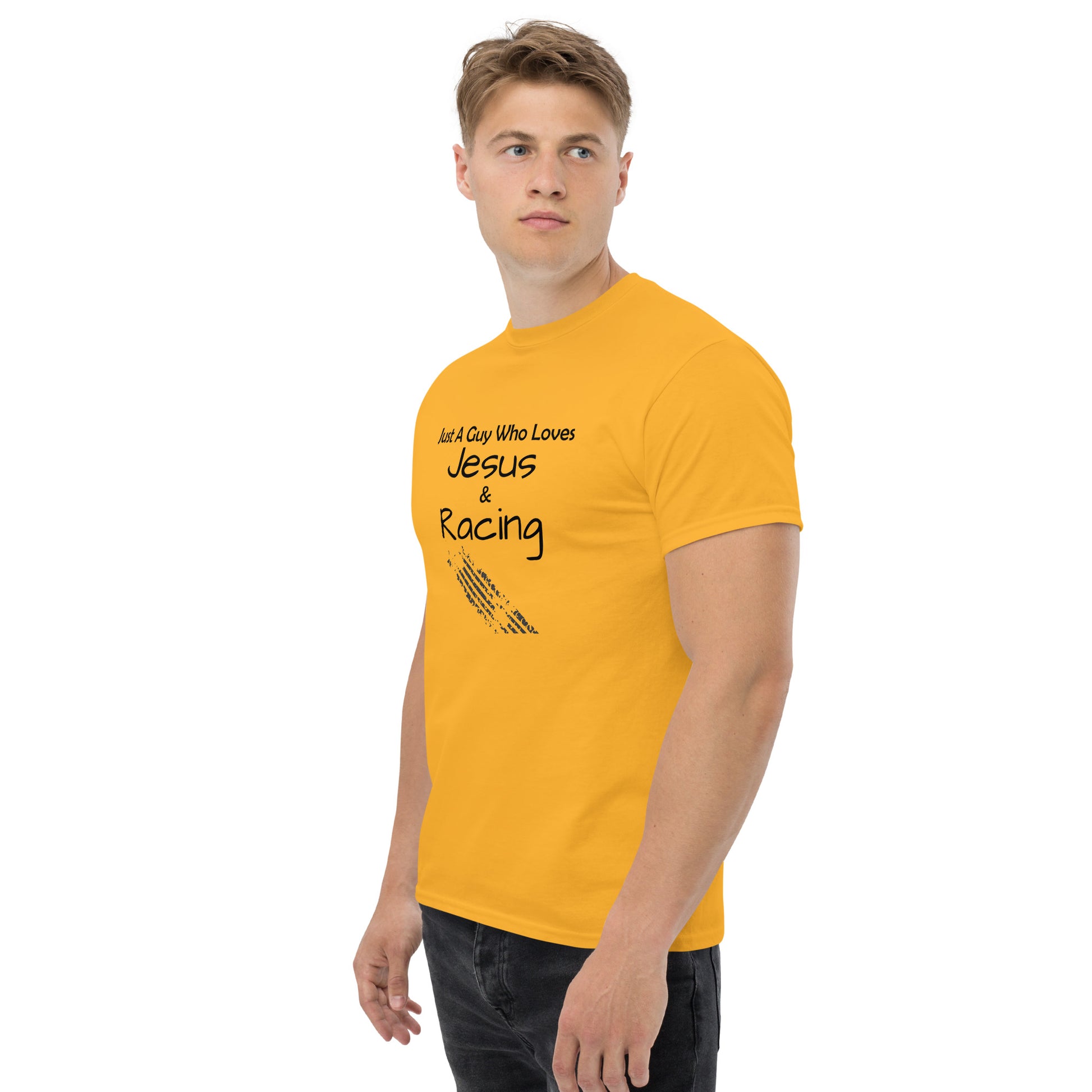 Faith-inspired racing t-shirt with bold text
