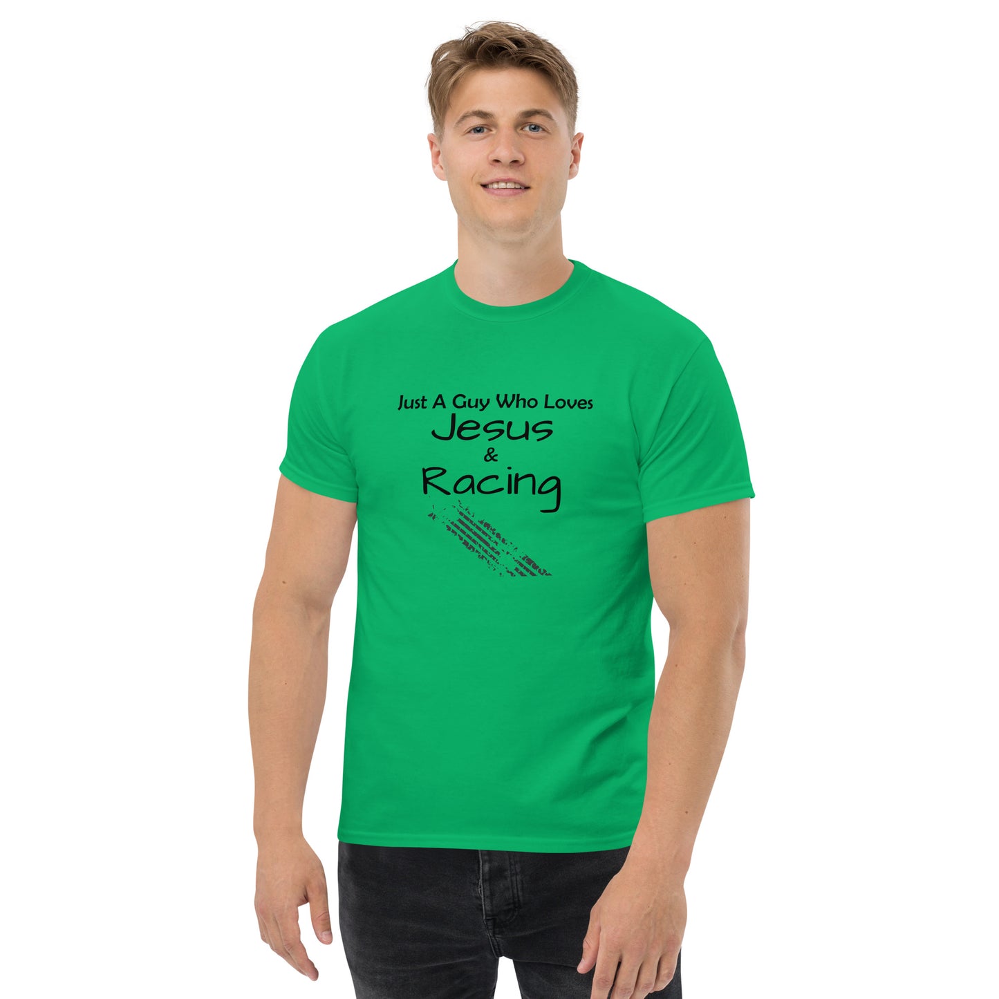 "Just A Guy Who Loves Jesus & Racing" T-Shirt - Weave Got Gifts - Unique Gifts You Won’t Find Anywhere Else!