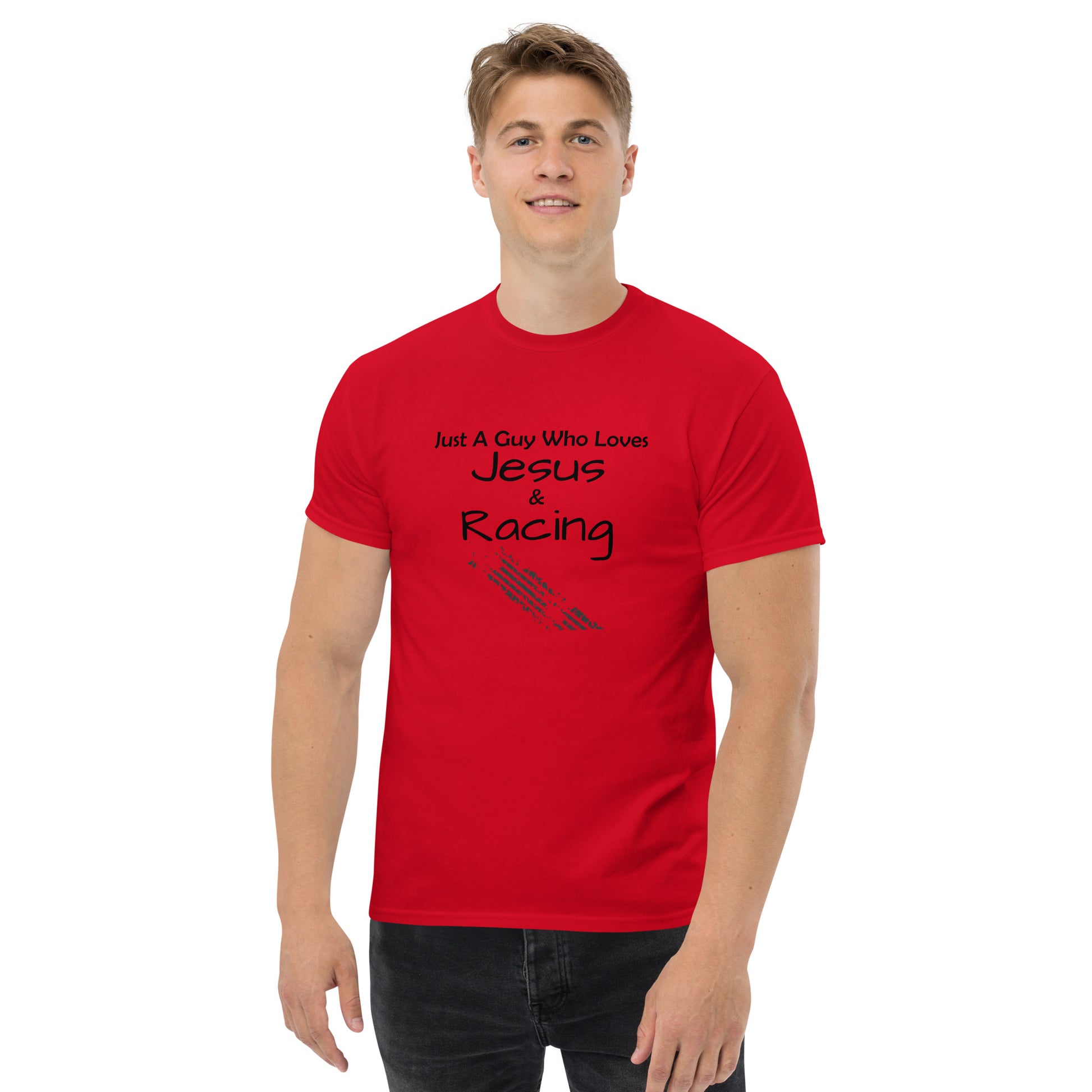 "Just A Guy Who Loves Jesus & Racing" T-Shirt - Weave Got Gifts - Unique Gifts You Won’t Find Anywhere Else!