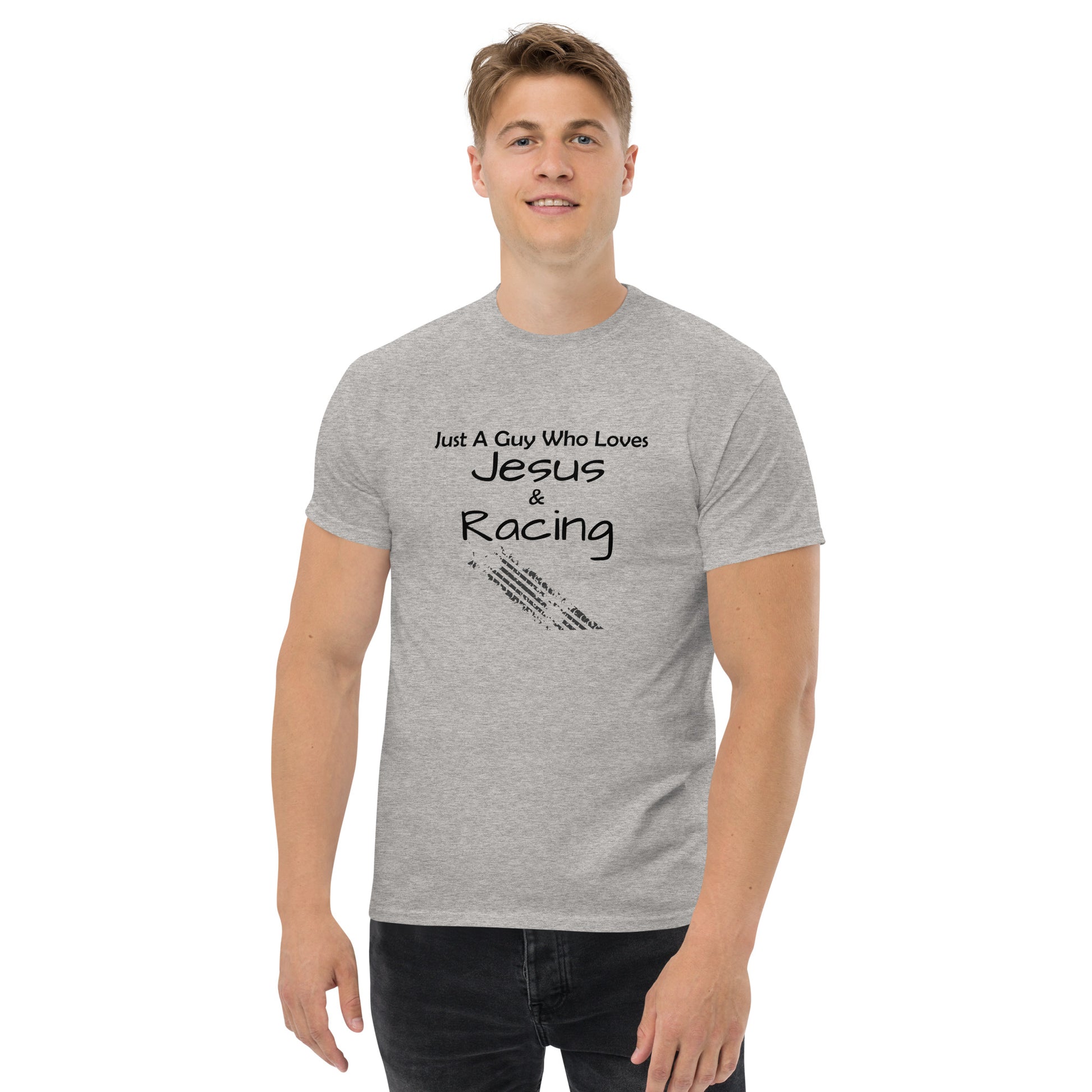 "Just A Guy Who Loves Jesus & Racing" T-Shirt - Weave Got Gifts - Unique Gifts You Won’t Find Anywhere Else!