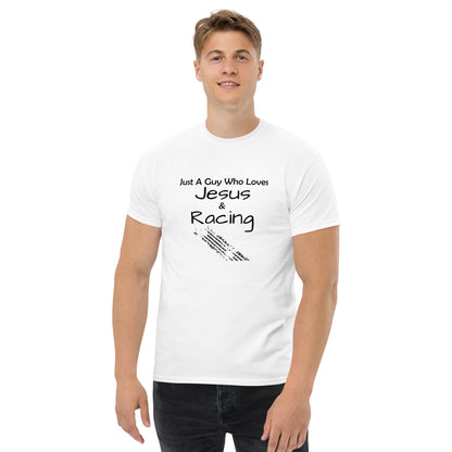 "Just A Guy Who Loves Jesus & Racing" T-Shirt - Weave Got Gifts - Unique Gifts You Won’t Find Anywhere Else!