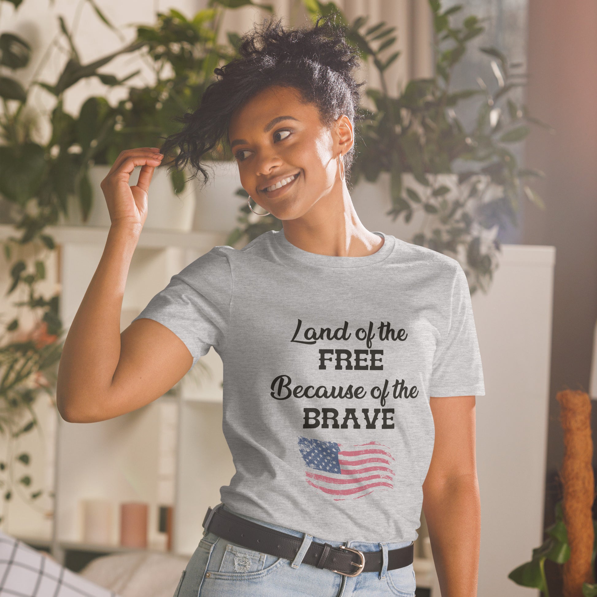 Land of the Free shirt with American flag graphic
