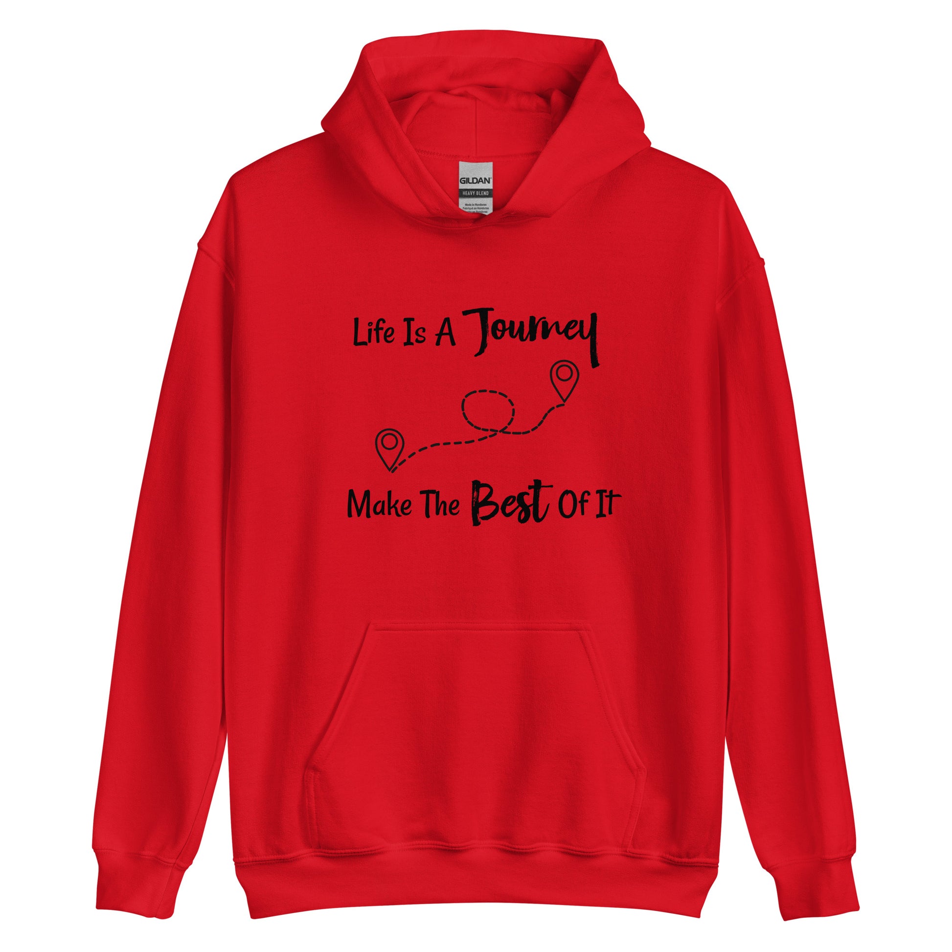 Hoodie with "Life is a Journey, Make the Best of It" text and adventure theme

