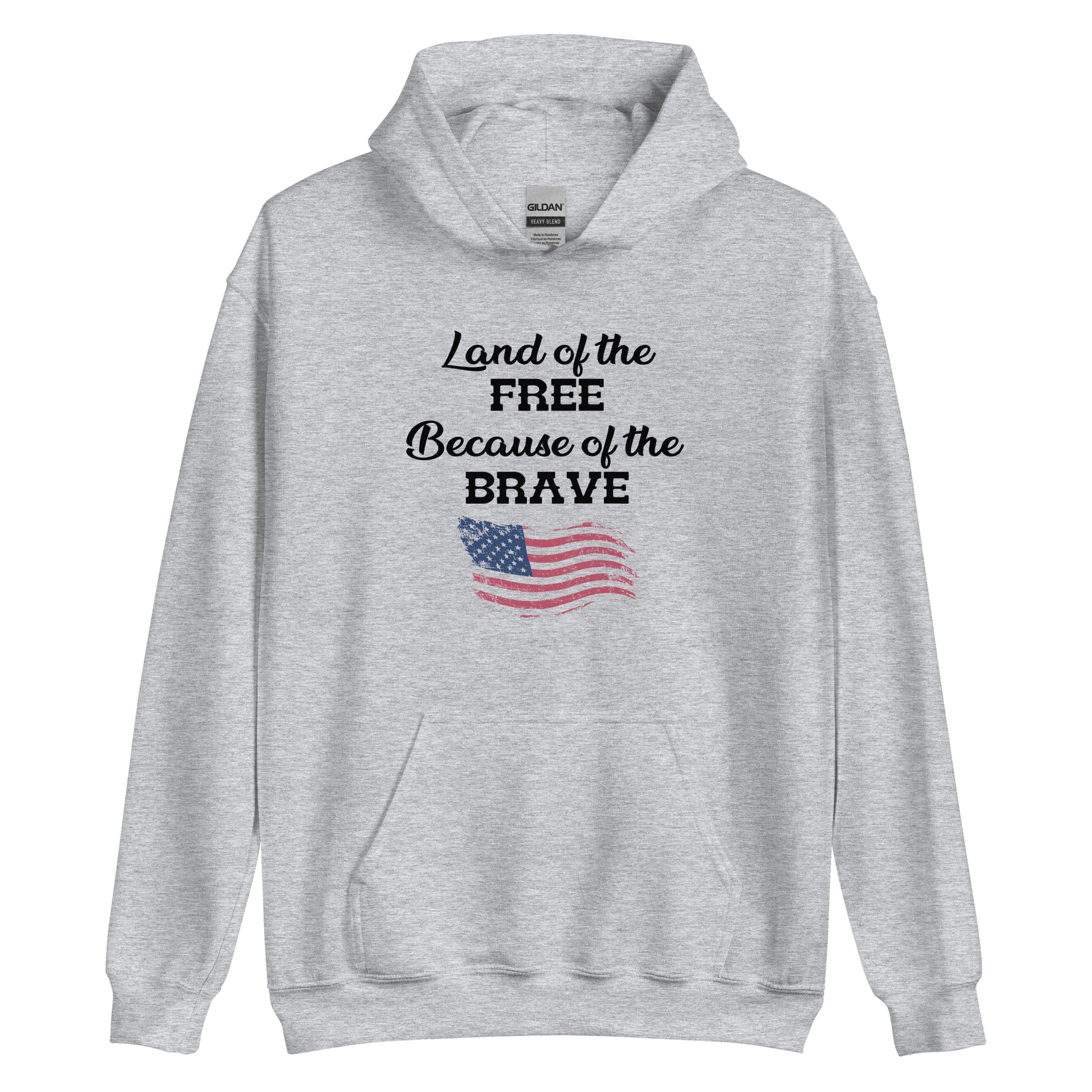 Land of the Free hoodie with American flag graphic
