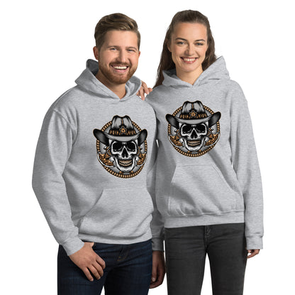 Biker hoodie with rugged cowboy skull design
