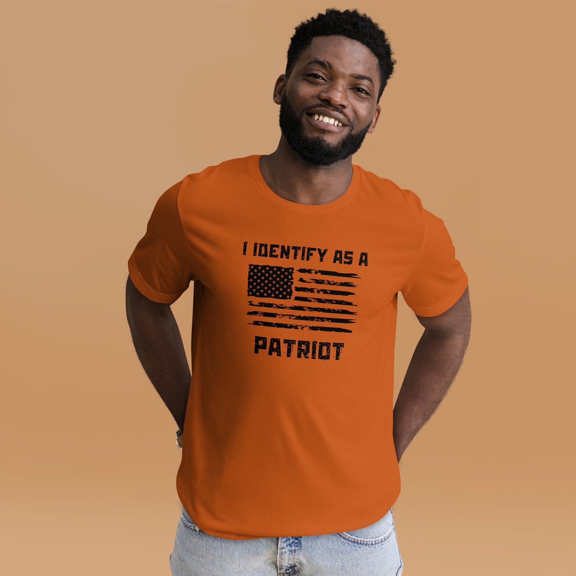 Patriotic t-shirt with "I Identify as a Patriot" message
