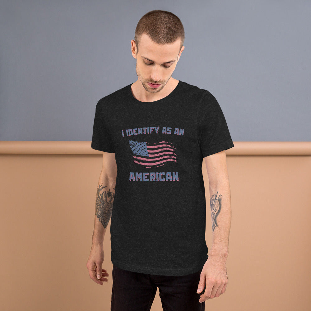 Proud American shirt with "I Identify as an American" text
