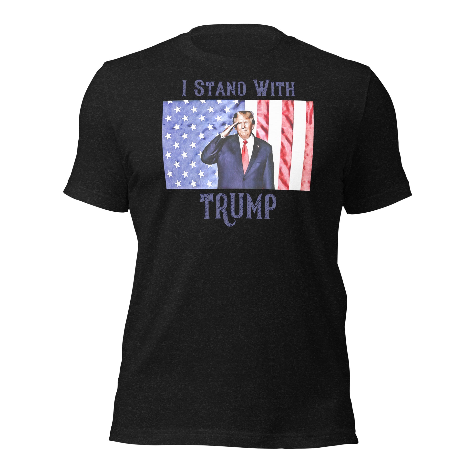 White Trump shirt with American flag and Trump saluting
