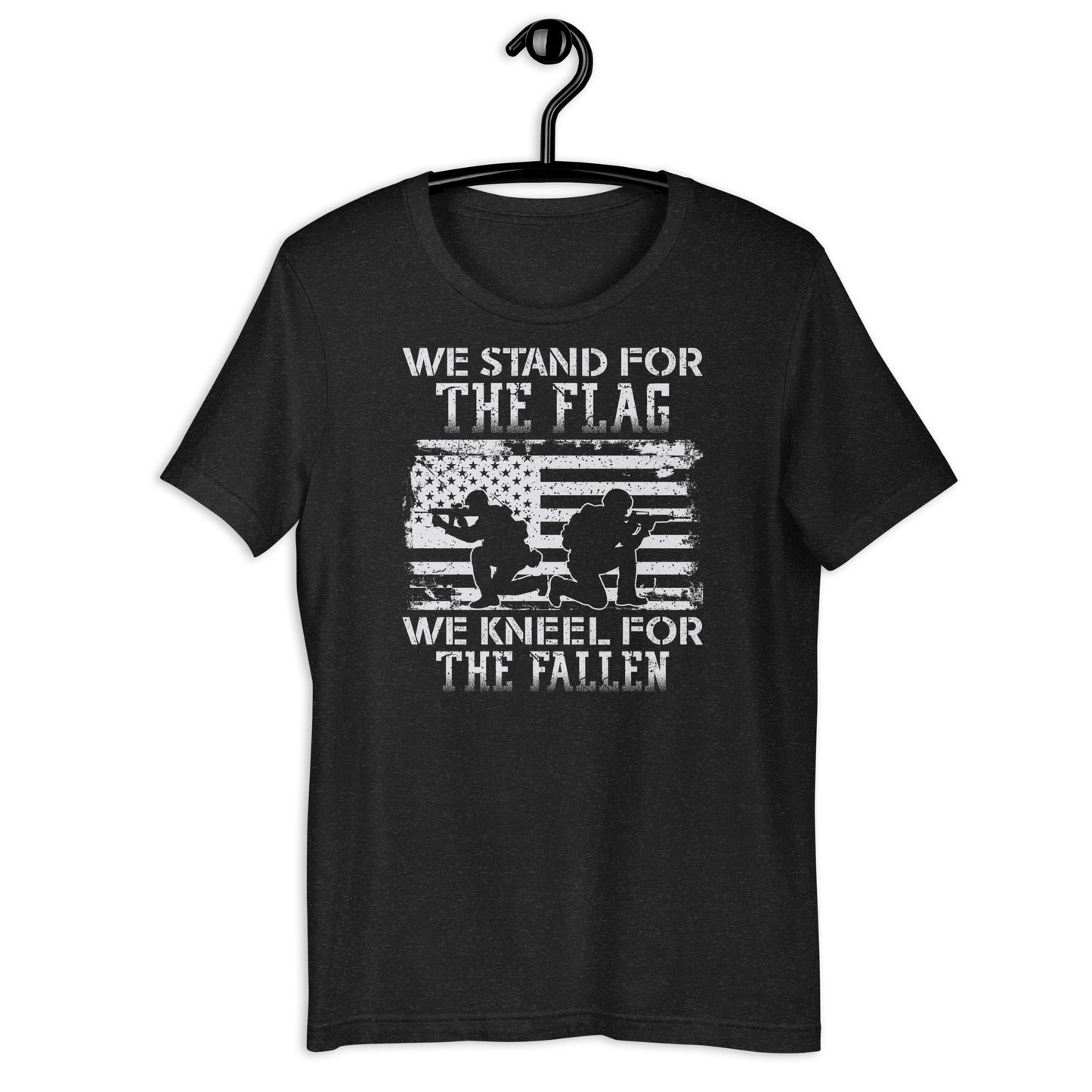 Black patriotic t-shirt featuring “We Stand for the Flag” message.
