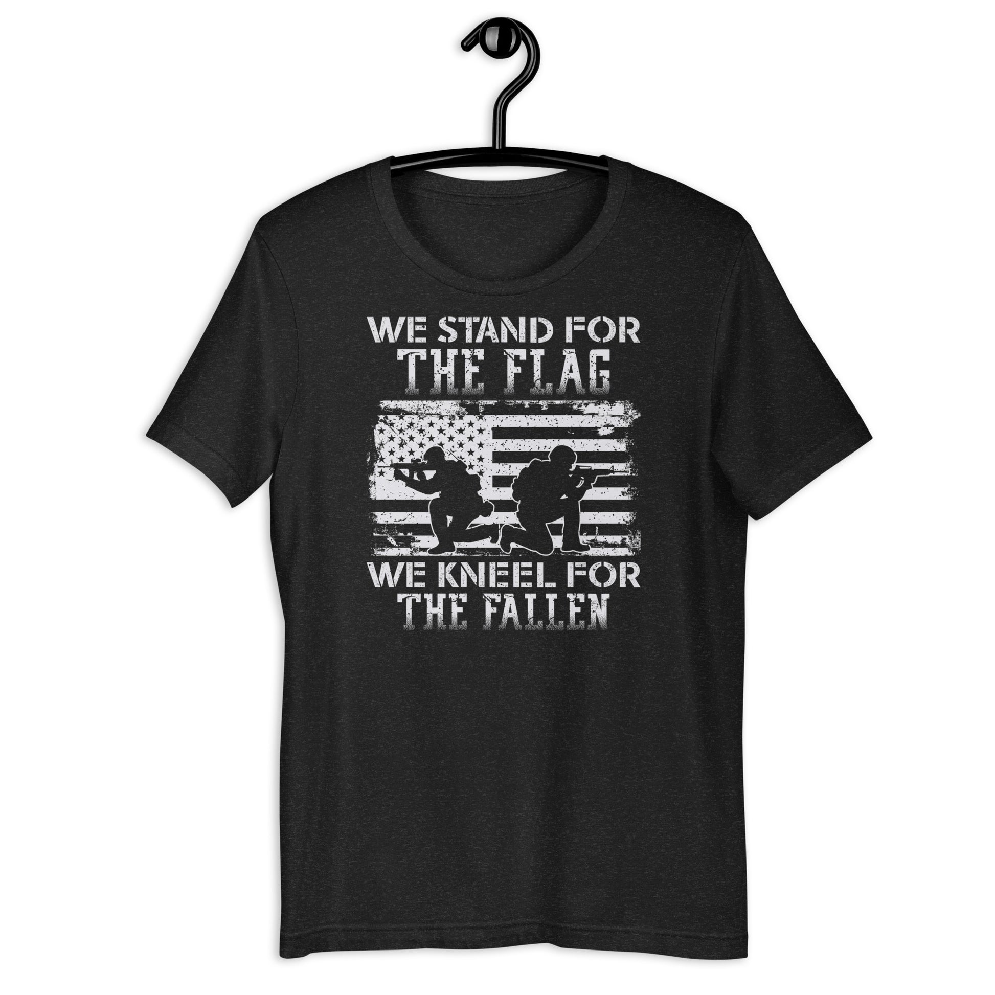 Black patriotic t-shirt featuring “We Stand for the Flag” message.
