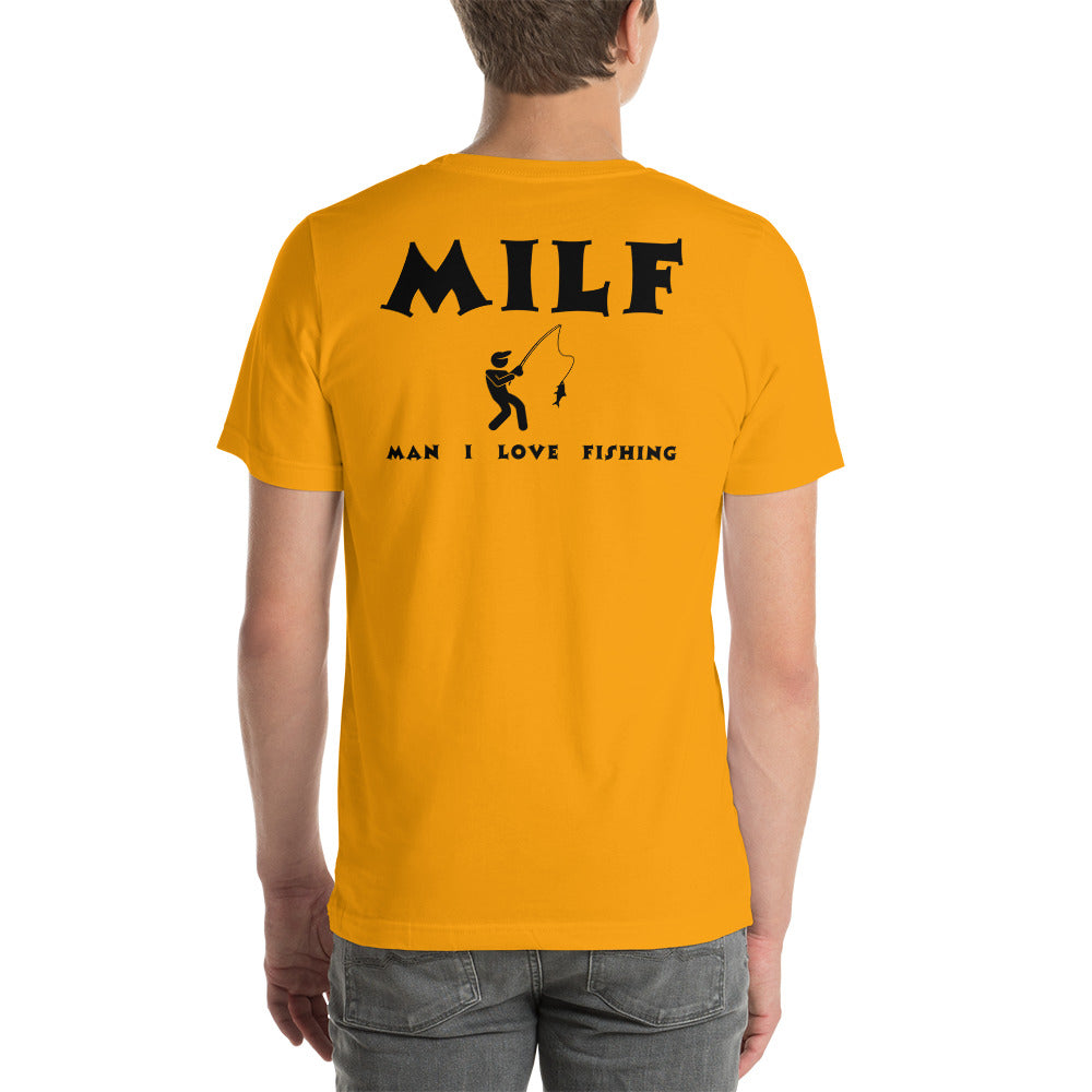 Black t-shirt with "Man I Love Fishing" text in bold font.
